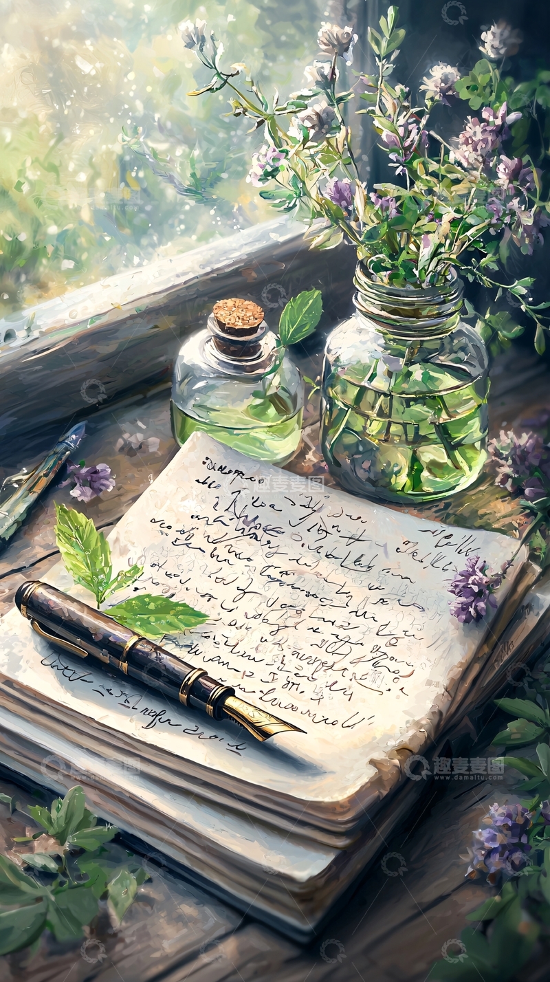 高清大图下载【趣麦麦图】窗边的花与手稿