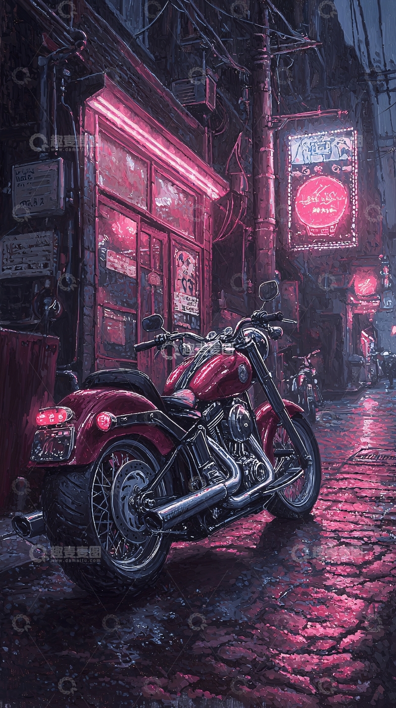 高清大图下载【趣麦麦图】霓虹灯下的复古摩托车