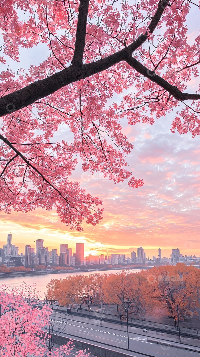 高清大图下载【趣麦麦图】樱花盛开的城市日落风景