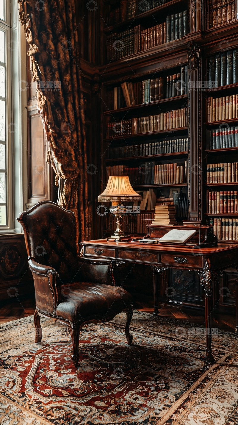 高清大图下载【趣麦麦图】古典书房书桌椅地毯装饰