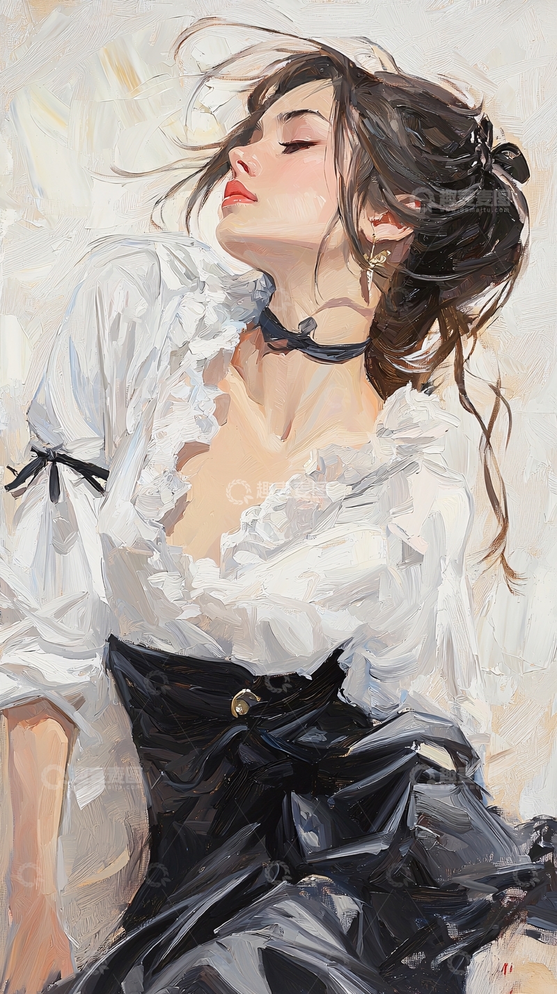 高清大图下载【趣麦麦图】飘逸的黑发与白色蕾丝裙的女性