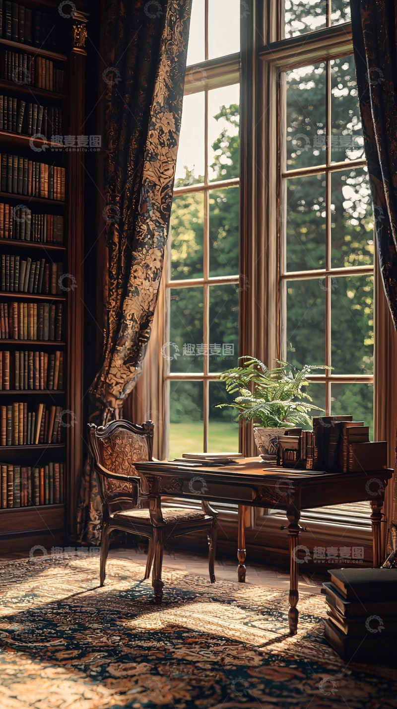 高清大图下载【趣麦麦图】阳光洒满书房的宁静时光