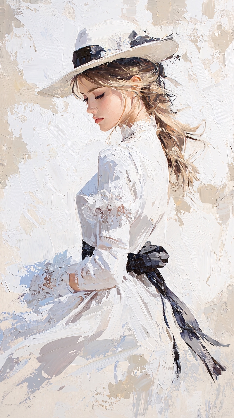 高清大图下载【趣麦麦图】白色礼服戴帽女性写意画