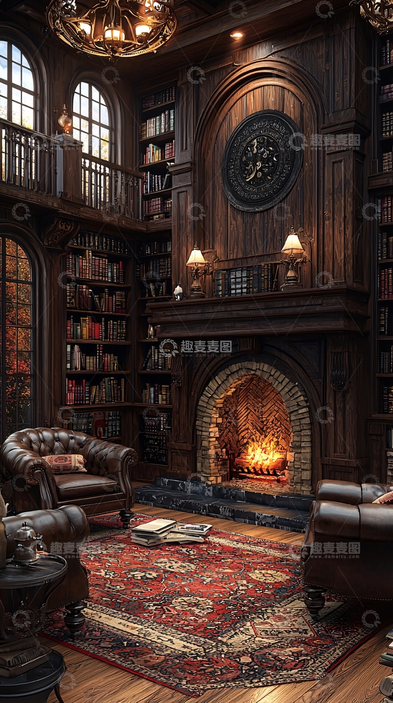 高清大图下载【趣麦麦图】古典书房与壁炉温馨场景