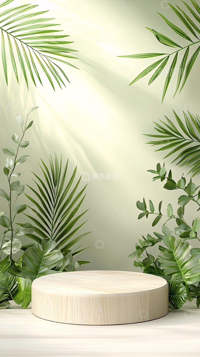 高清大图下载【趣麦麦图】绿色植物背景下的木质展示台