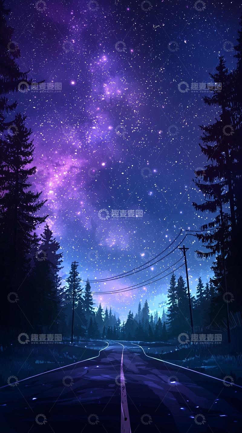 高清大图下载【趣麦麦图】夜空下的森林小路