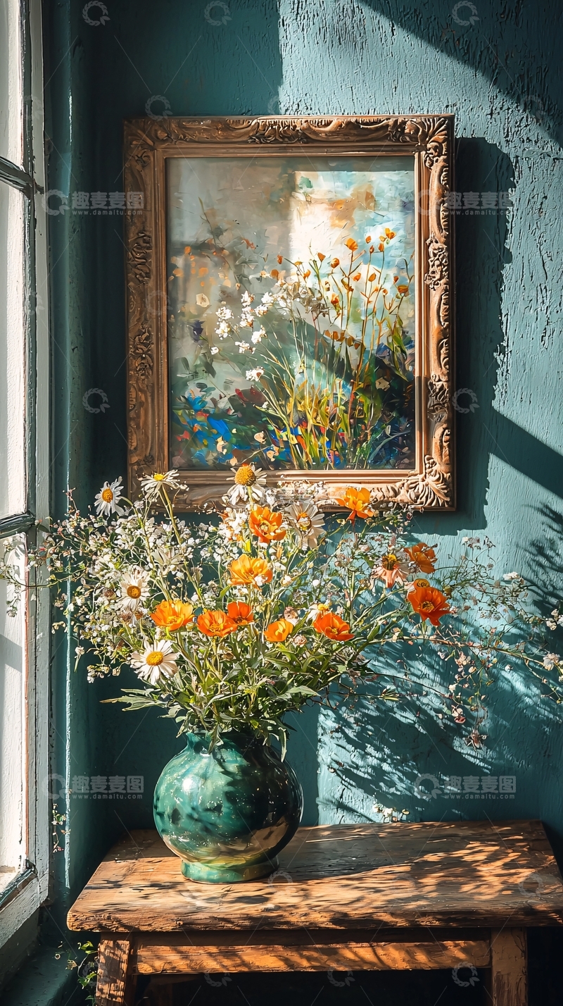 高清大图下载【趣麦麦图】阳光下的花瓶与画框