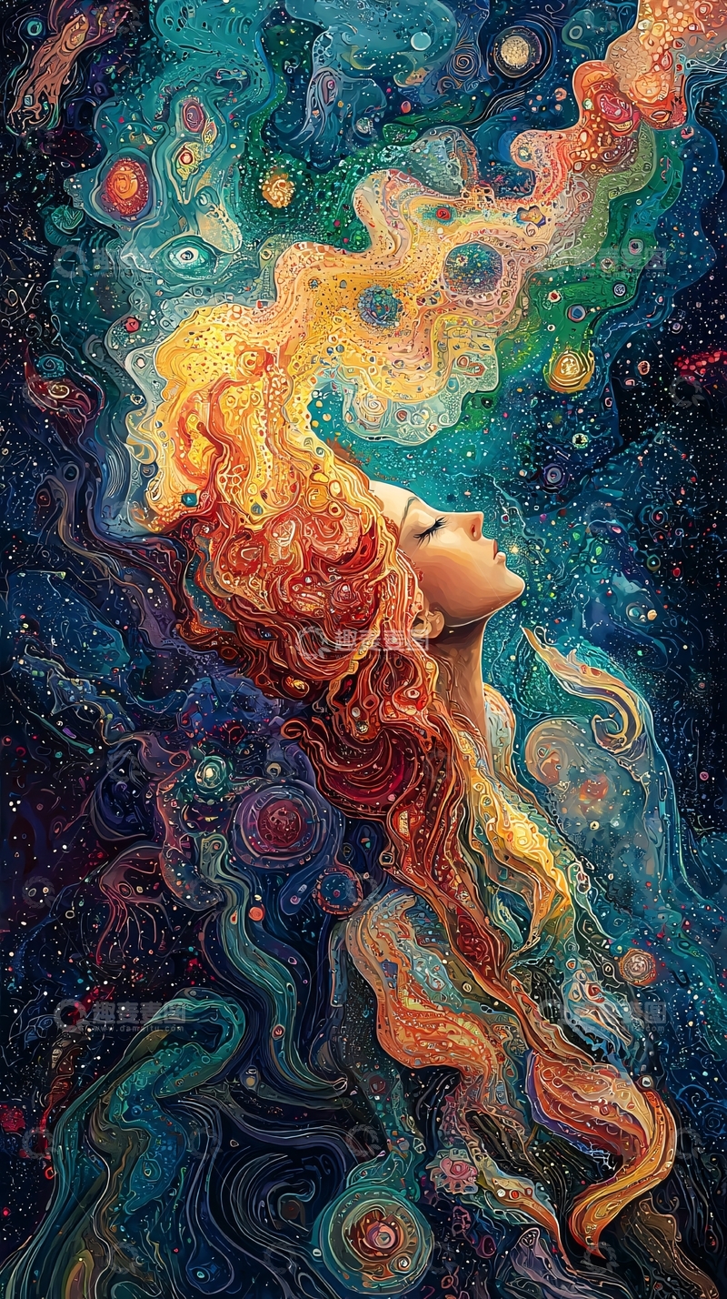 高清大图下载【趣麦麦图】梦幻星空中的红发少女