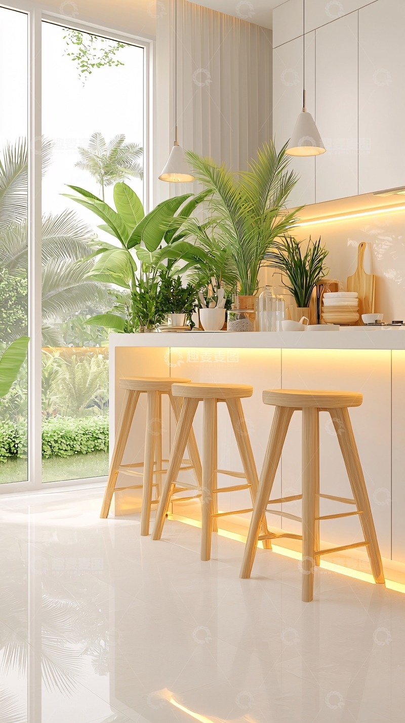 高清大图下载【趣麦麦图】现代简约厨房吧台与植物装饰