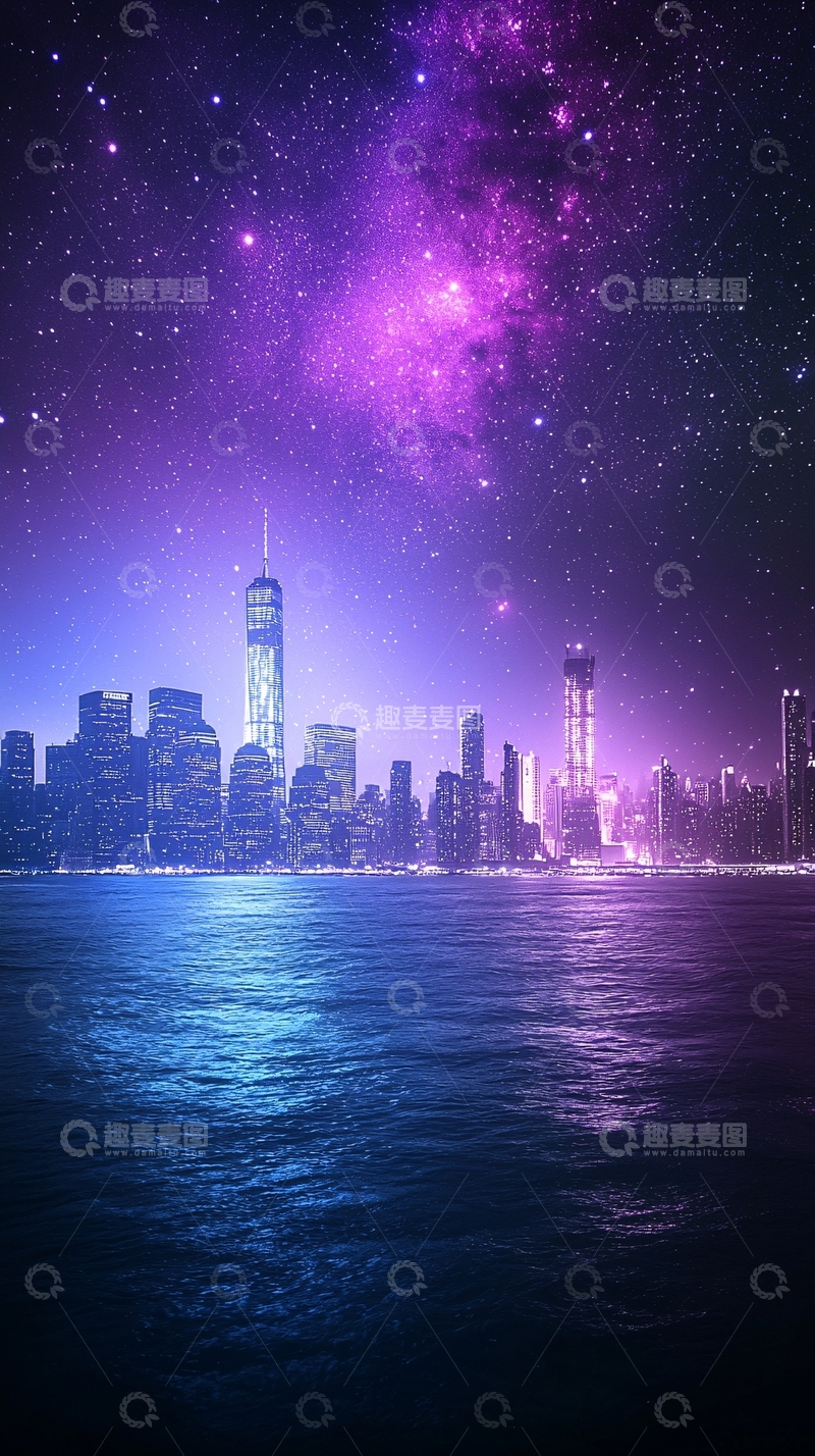 高清大图下载【趣麦麦图】梦幻星空下的城市夜景