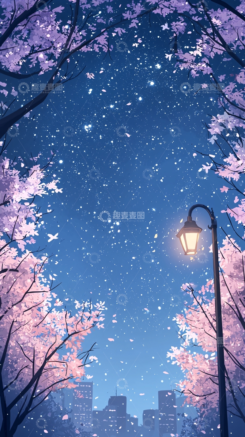 高清大图下载【趣麦麦图】夜晚樱花树下的街灯