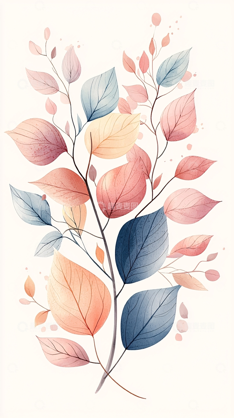 高清大图下载【趣麦麦图】秋日色彩斑斓树叶插画