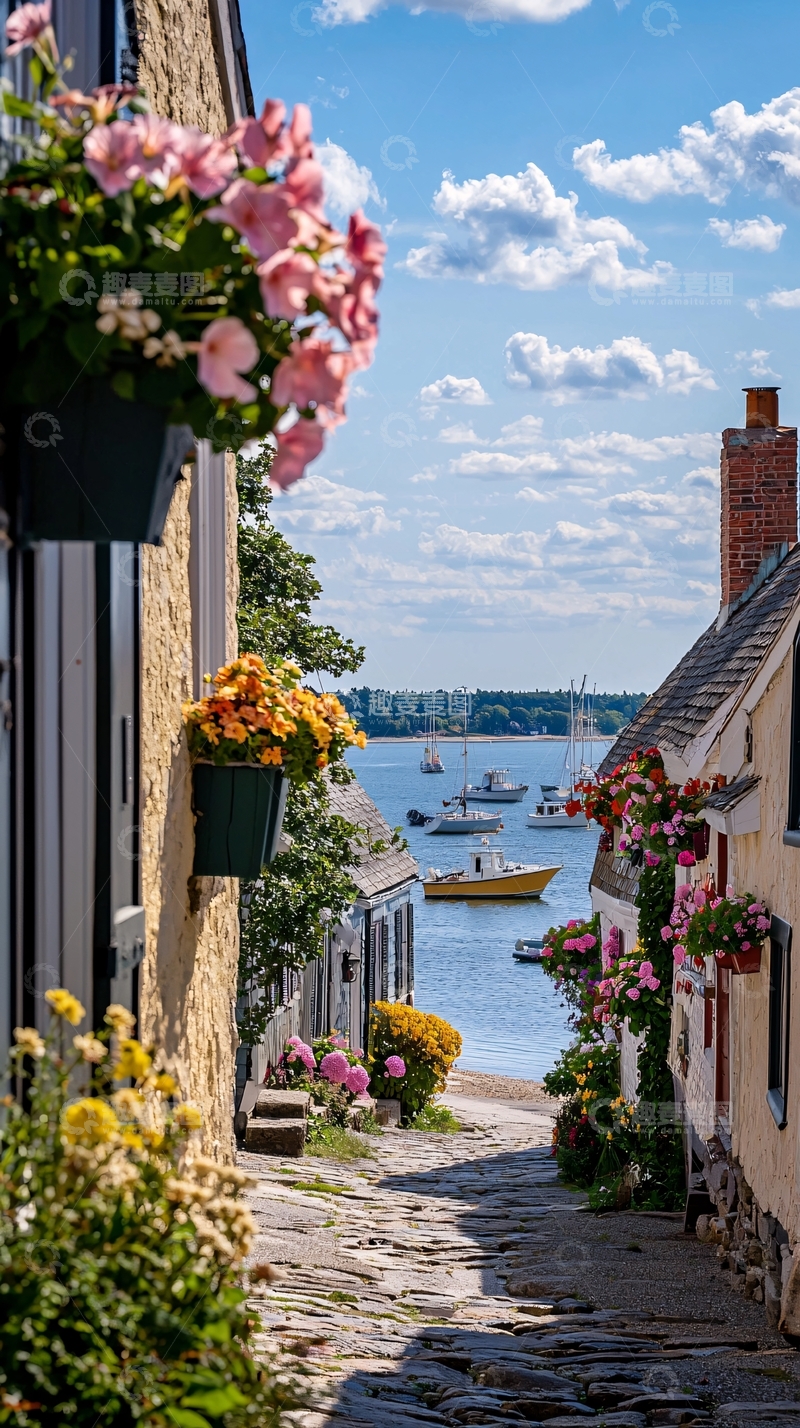 高清大图下载【趣麦麦图】海边小镇石板路与花篮风景