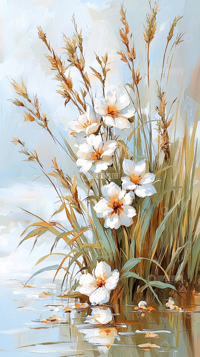 高清大图下载【趣麦麦图】秋日湖畔盛开的白色花朵