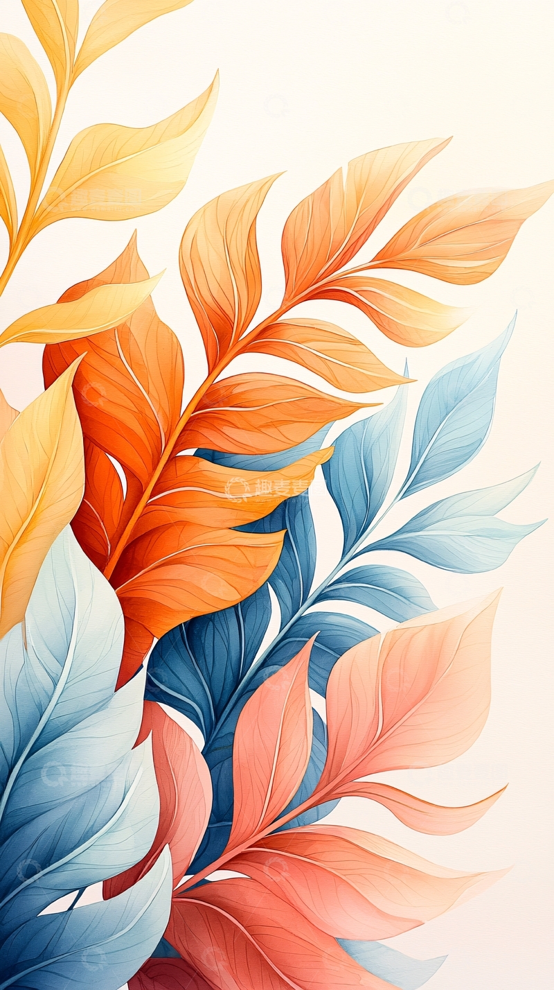 高清大图下载【趣麦麦图】色彩斑斓的叶子艺术插画