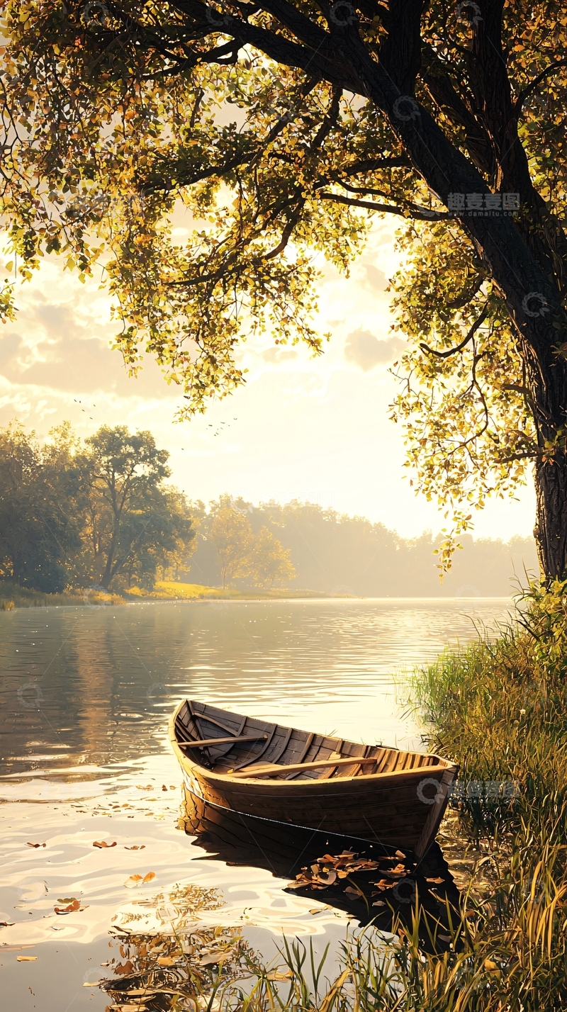高清大图下载【趣麦麦图】秋日湖畔静谧木舟