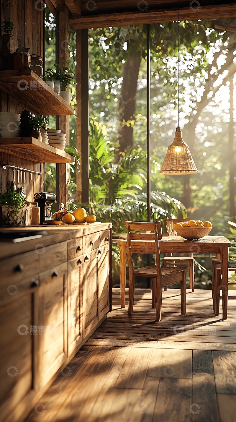 高清大图下载【趣麦麦图】自然光下的木质厨房与餐桌