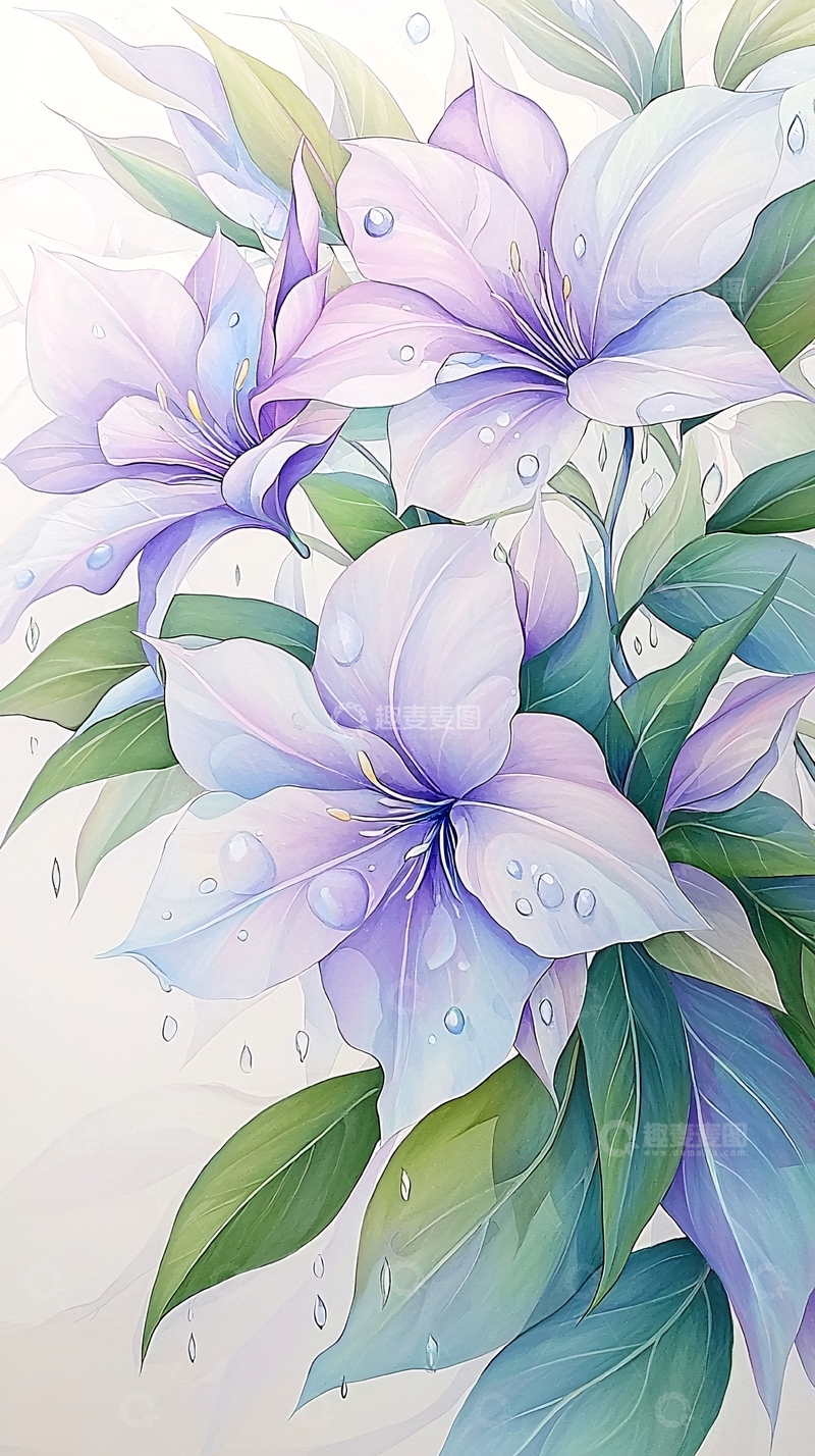高清大图下载【趣麦麦图】紫色花朵与水滴的艺术插画