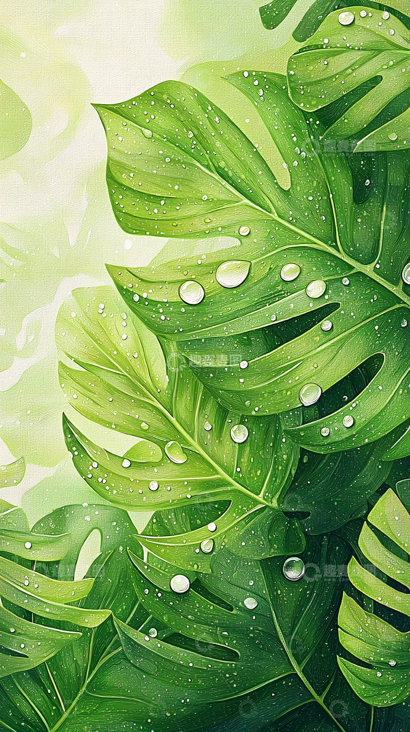 高清大图下载【趣麦麦图】清新雨后热带植物叶子背景图