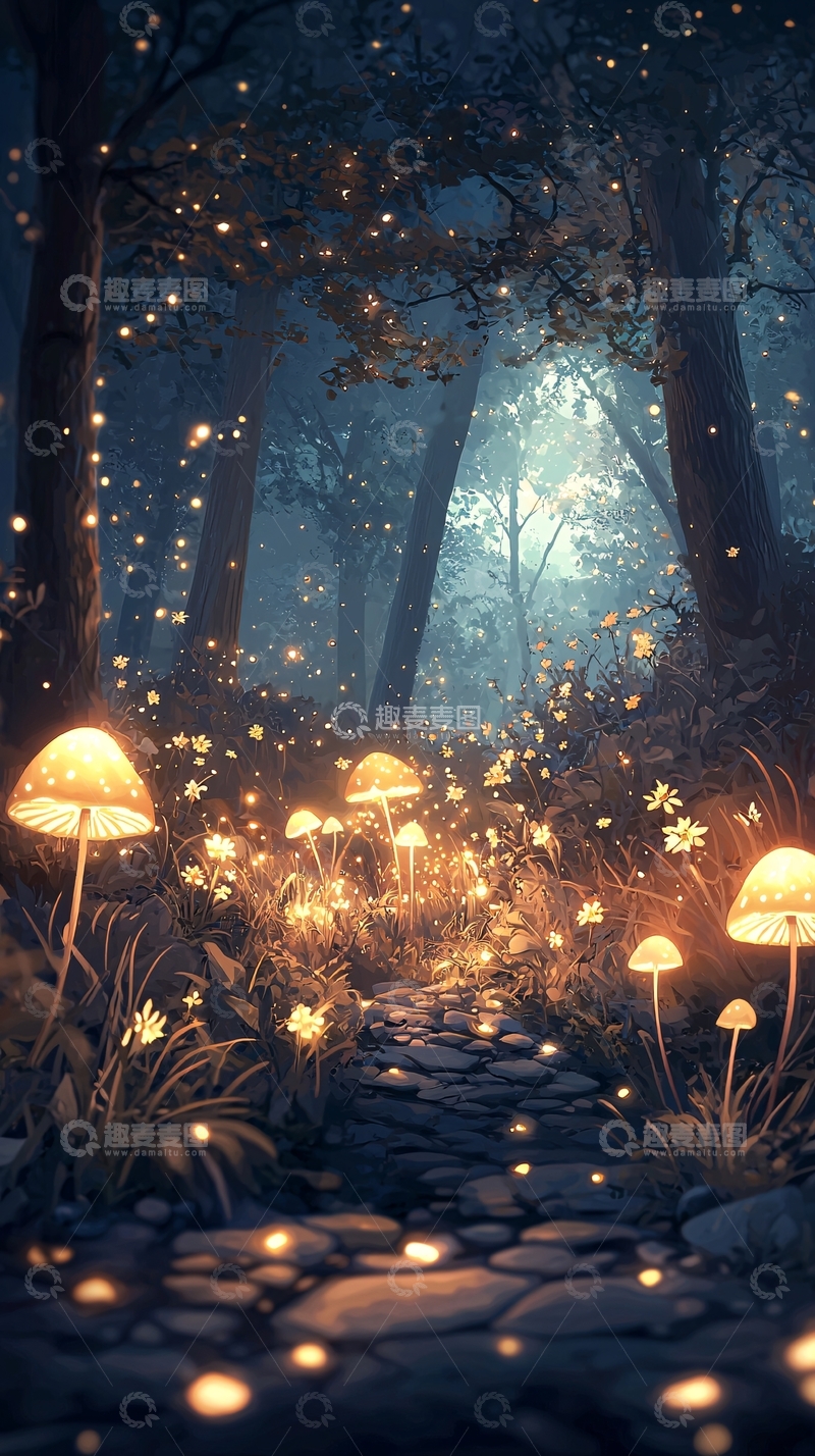 高清大图下载【趣麦麦图】梦幻森林中的发光蘑菇小径