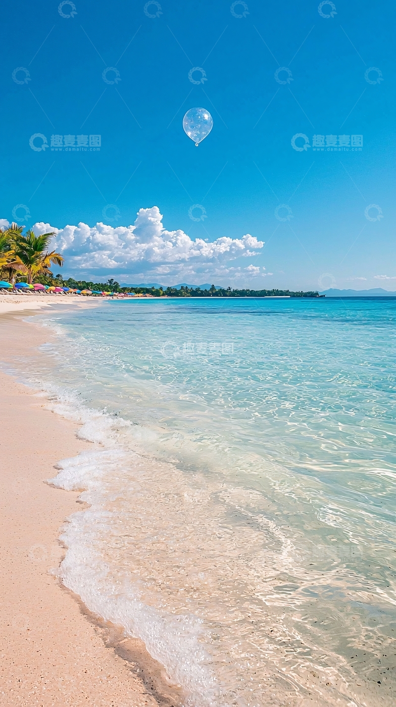 高清大图下载【趣麦麦图】蓝天白云下的海滩与气球