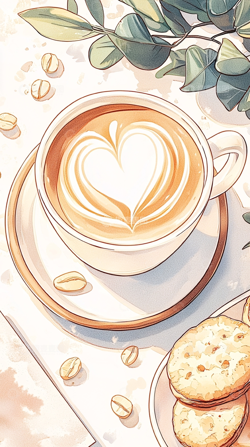 高清大图下载【趣麦麦图】咖啡拉花与甜点插画