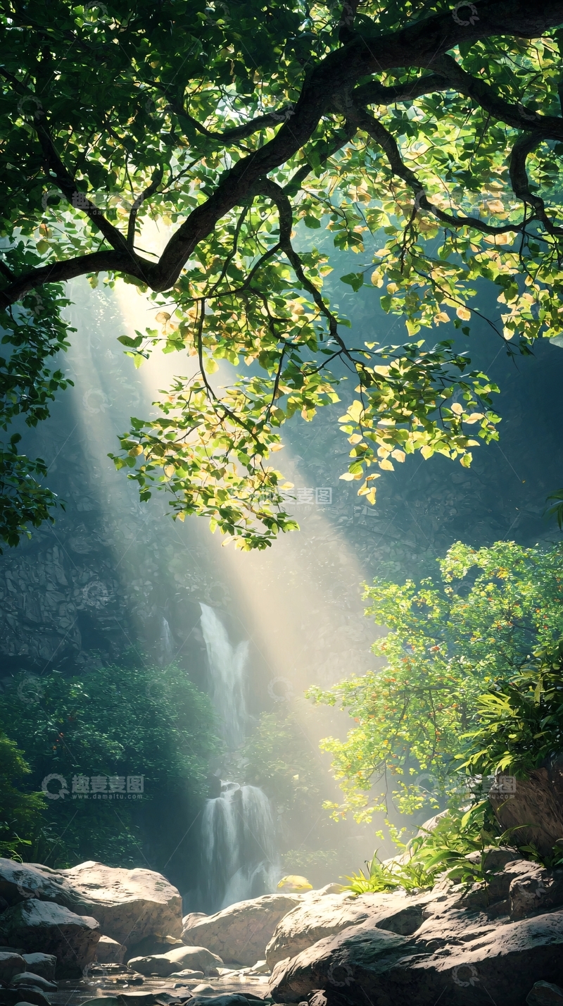 高清大图下载【趣麦麦图】阳光洒落森林瀑布
