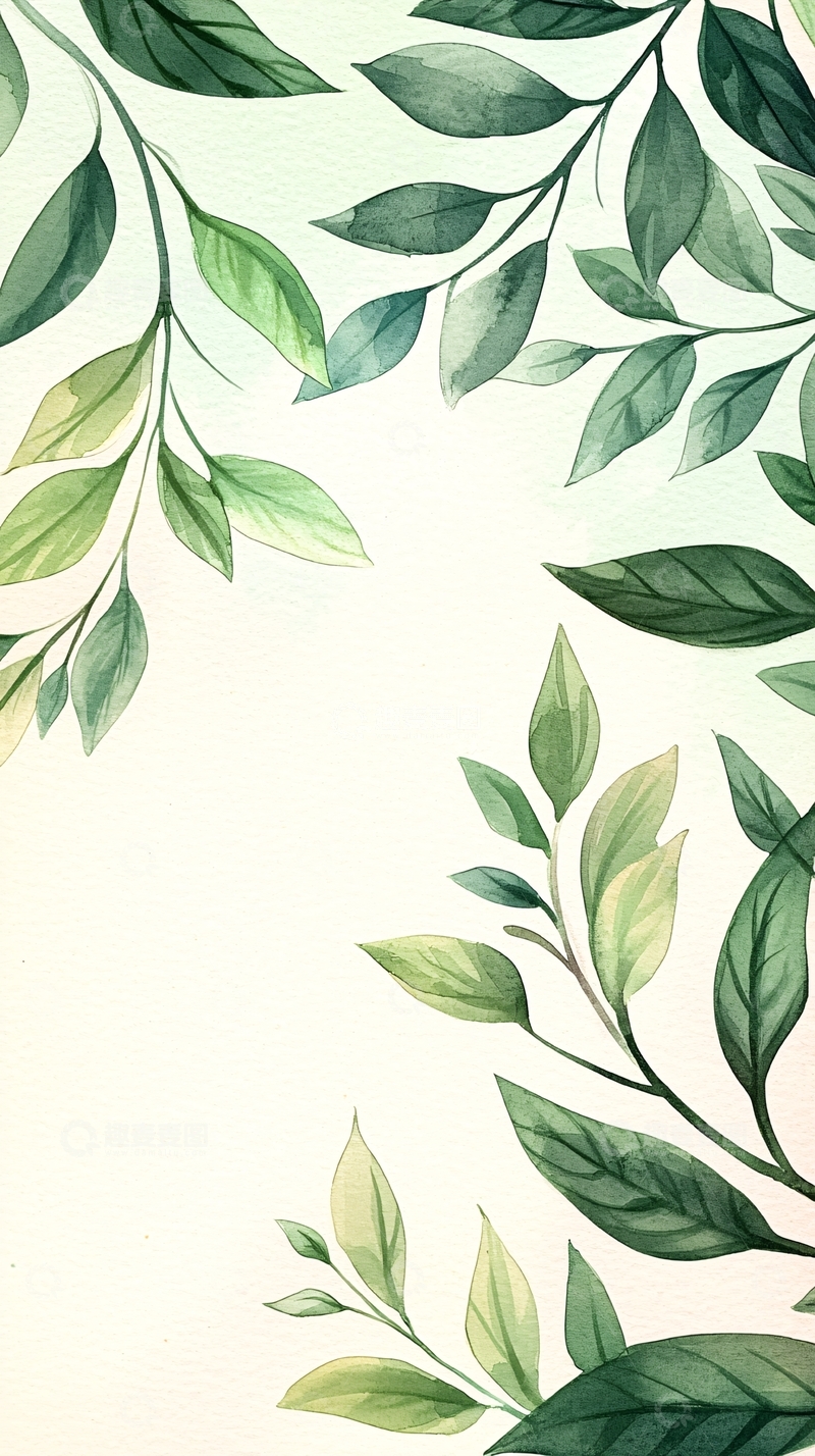 高清大图下载【趣麦麦图】清新绿叶水彩背景图