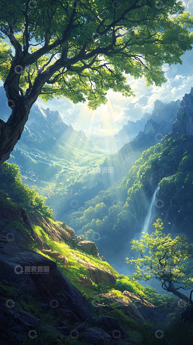 高清大图下载【趣麦麦图】山间瀑布阳光明媚自然风景