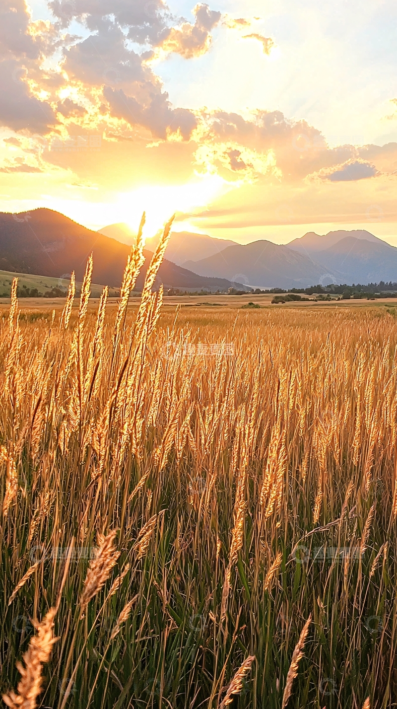 高清大图下载【趣麦麦图】夕阳下的麦田与山脉