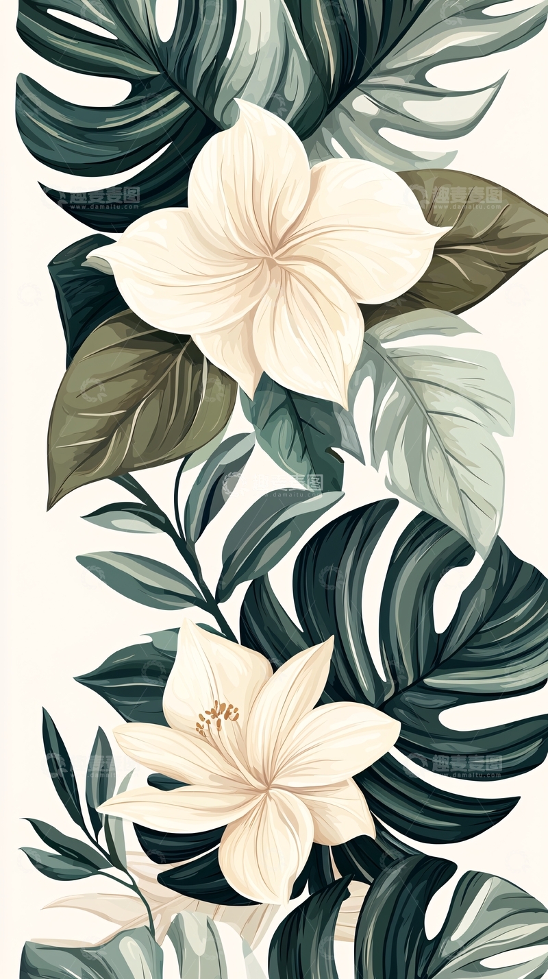 高清大图下载【趣麦麦图】热带花卉与绿叶装饰图案