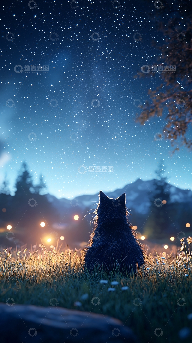 夜空下的猫与星光