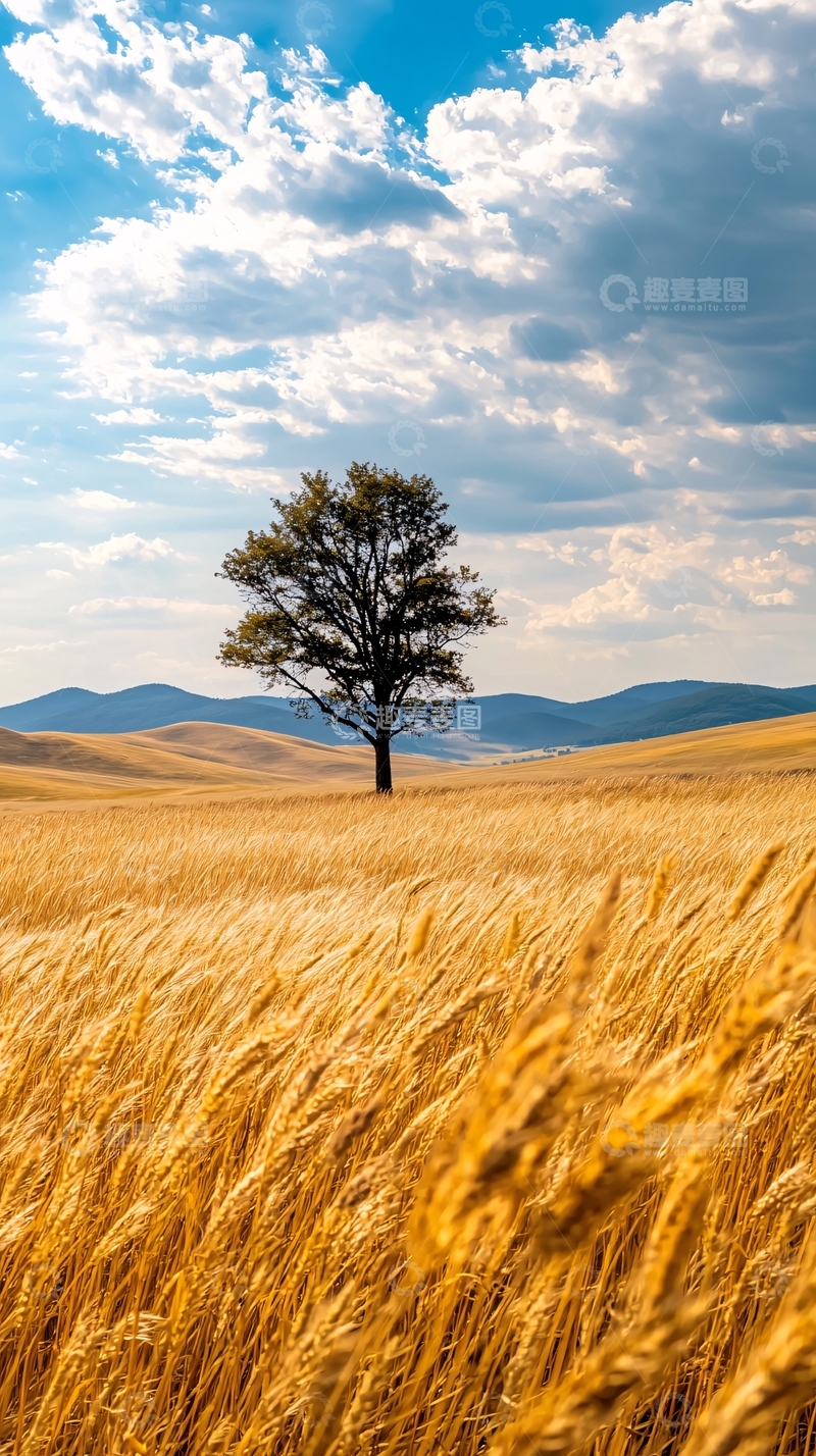 高清大图下载【趣麦麦图】金黄色麦田中的孤独树