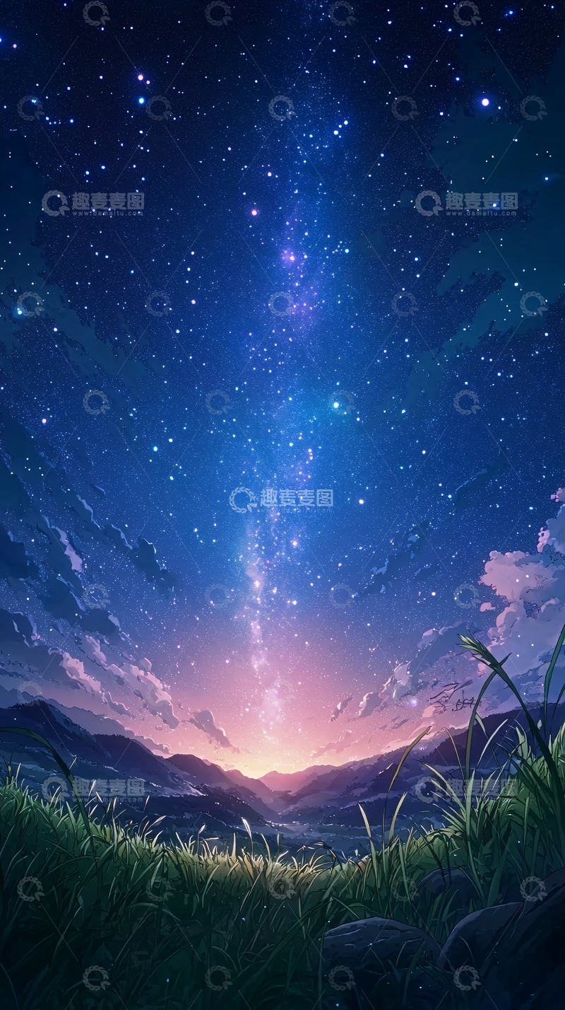 高清大图下载【趣麦麦图】夜空下的山间草地