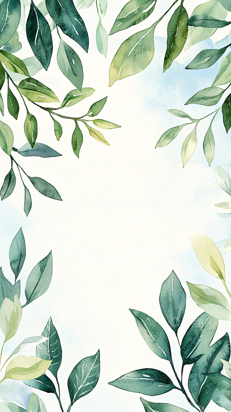 高清大图下载【趣麦麦图】清新绿叶水彩背景图