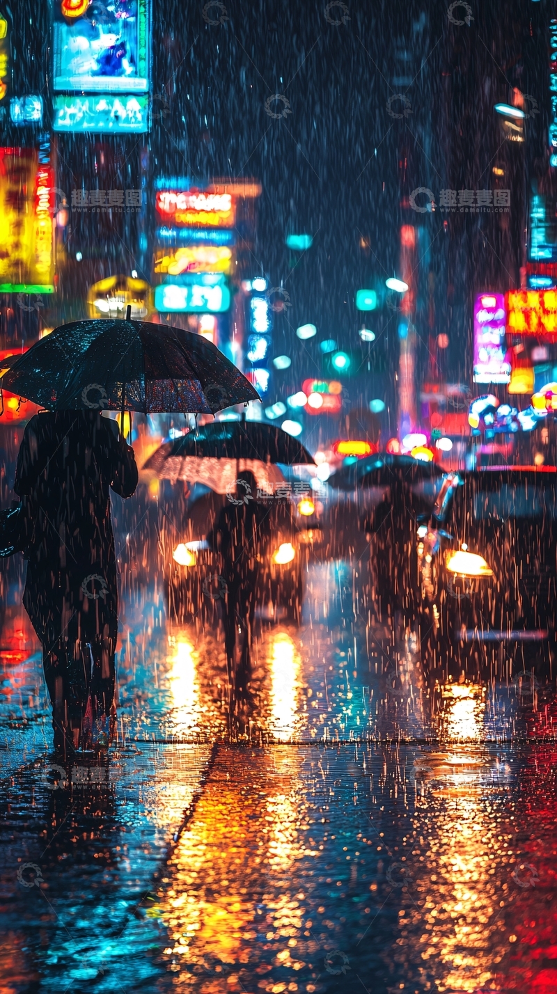 高清大图下载【趣麦麦图】雨夜霓虹下的行人
