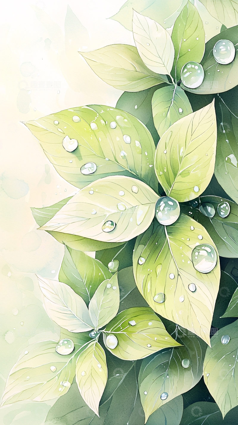 高清大图下载【趣麦麦图】清新雨后绿叶水珠插画