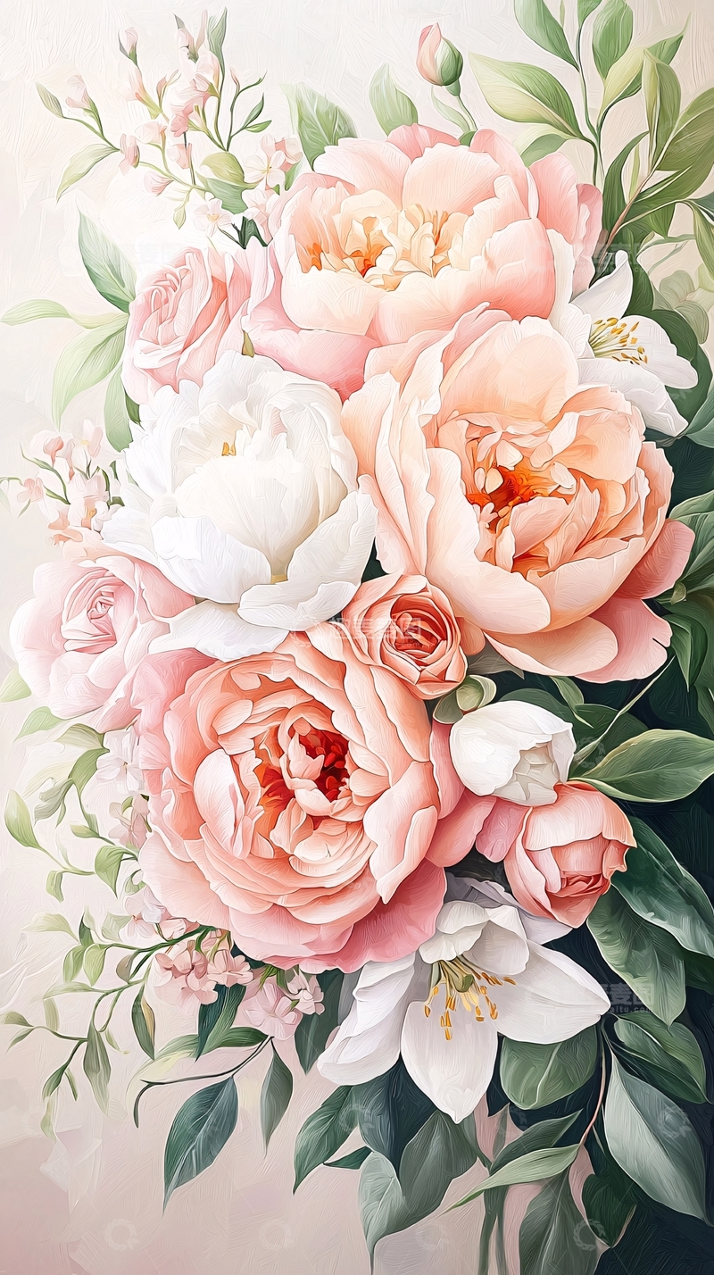 高清大图下载【趣麦麦图】粉白玫瑰花束插画