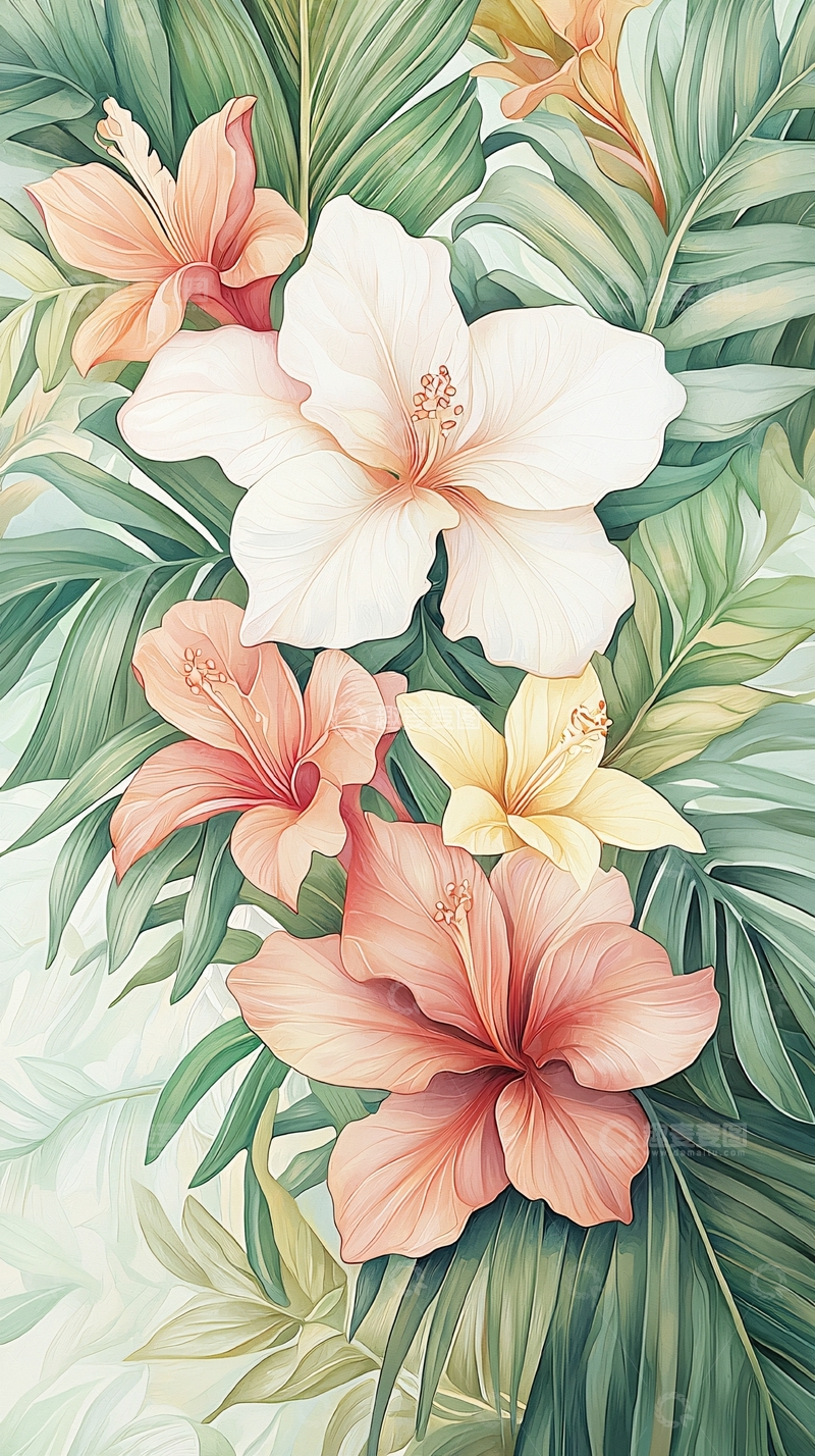 高清大图下载【趣麦麦图】热带花卉与绿叶背景插画