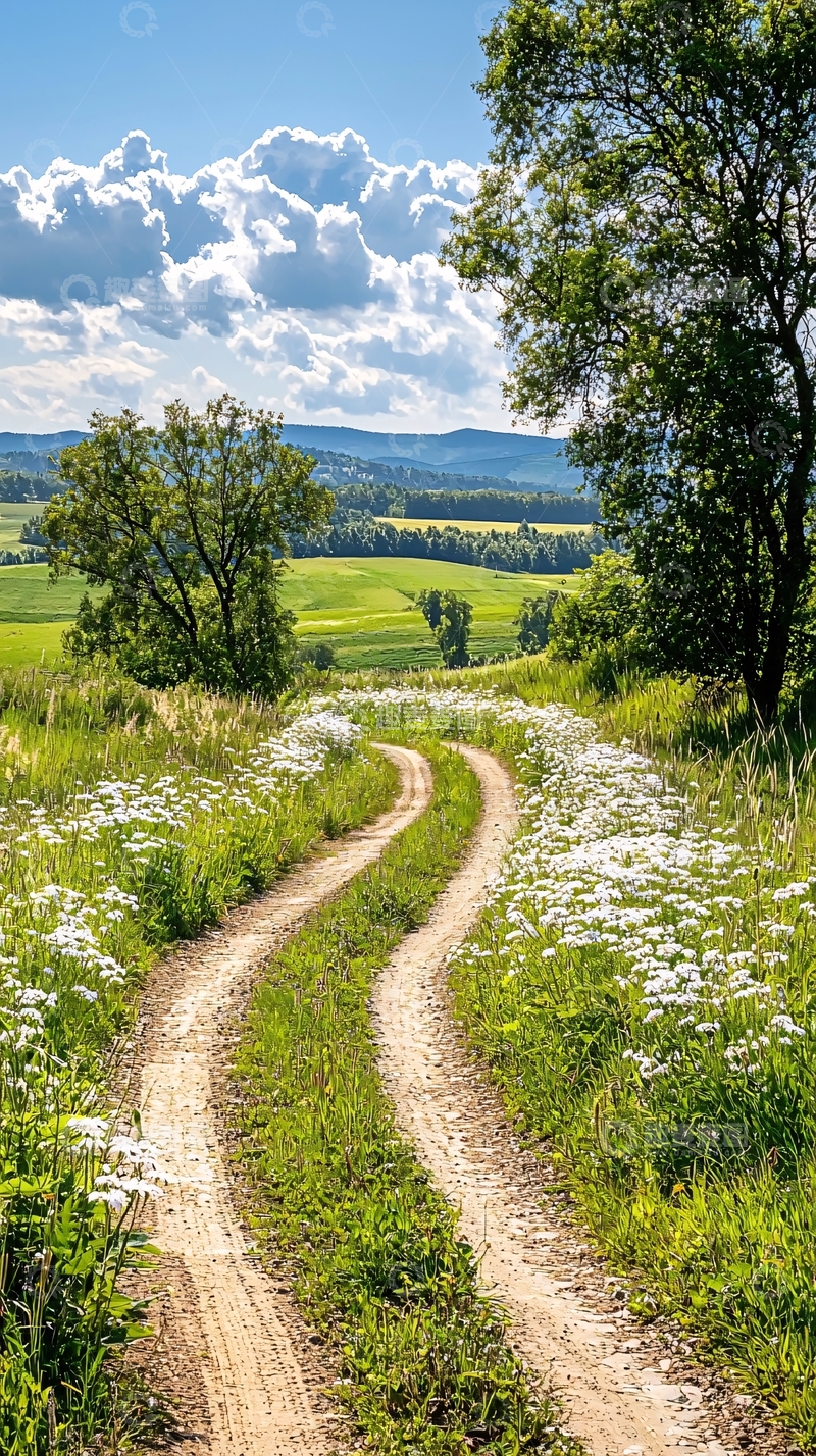 高清大图下载【趣麦麦图】乡村小路与野花盛开的田园风光