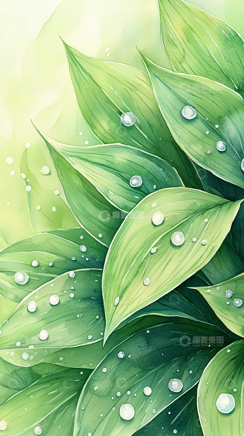 高清大图下载【趣麦麦图】清新绿叶露珠水彩画背景