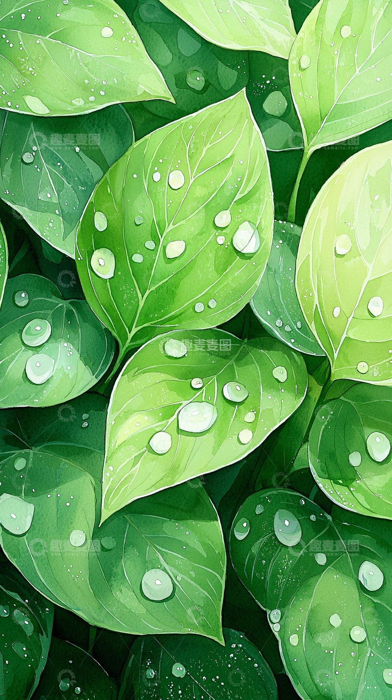 高清大图下载【趣麦麦图】雨后绿叶水珠背景图