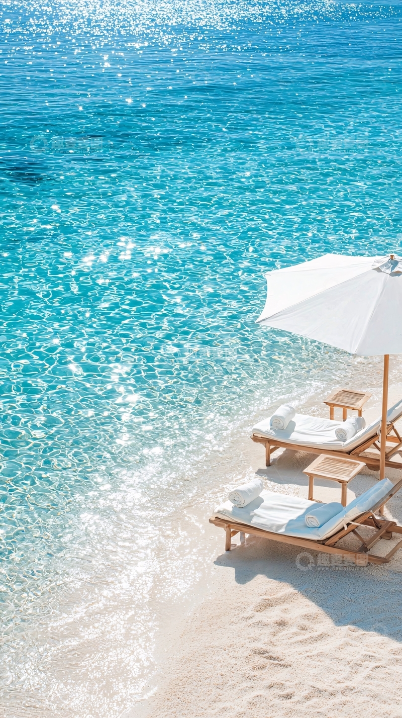 高清大图下载【趣麦麦图】海滩躺椅与清澈海水