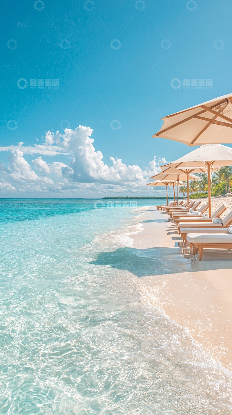 高清大图下载【趣麦麦图】海滩躺椅与清澈海水