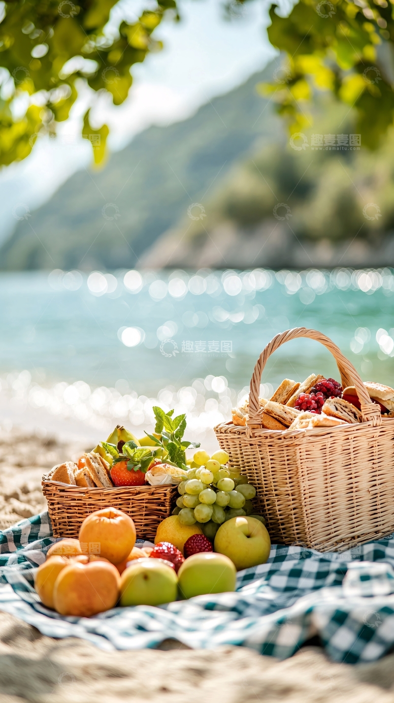 高清大图下载【趣麦麦图】海滩野餐篮子水果美食
