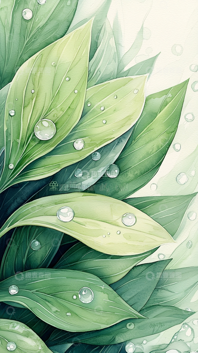 高清大图下载【趣麦麦图】雨后清新绿叶水珠插画