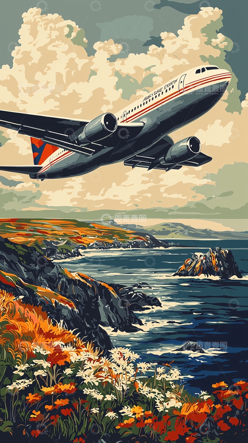高清大图下载【趣麦麦图】飞机与海岸风景插画