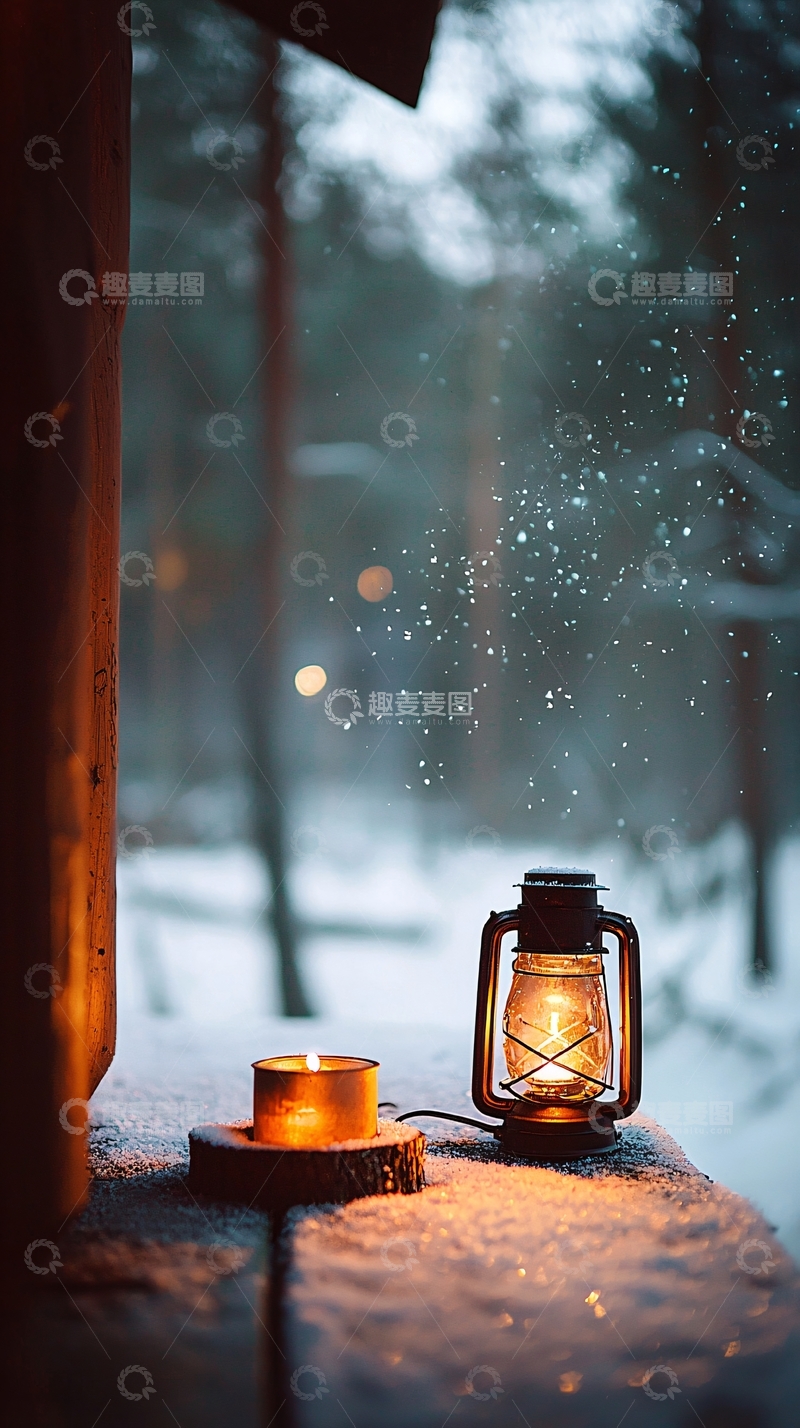 高清大图下载【趣麦麦图】冬夜雪景中的温暖光芒