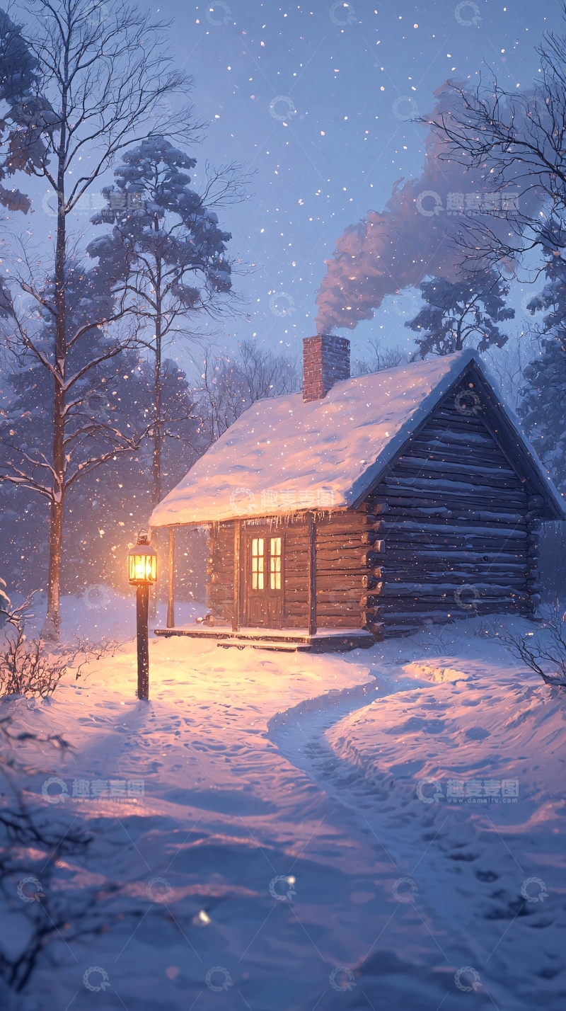 高清大图下载【趣麦麦图】冬夜小屋雪景