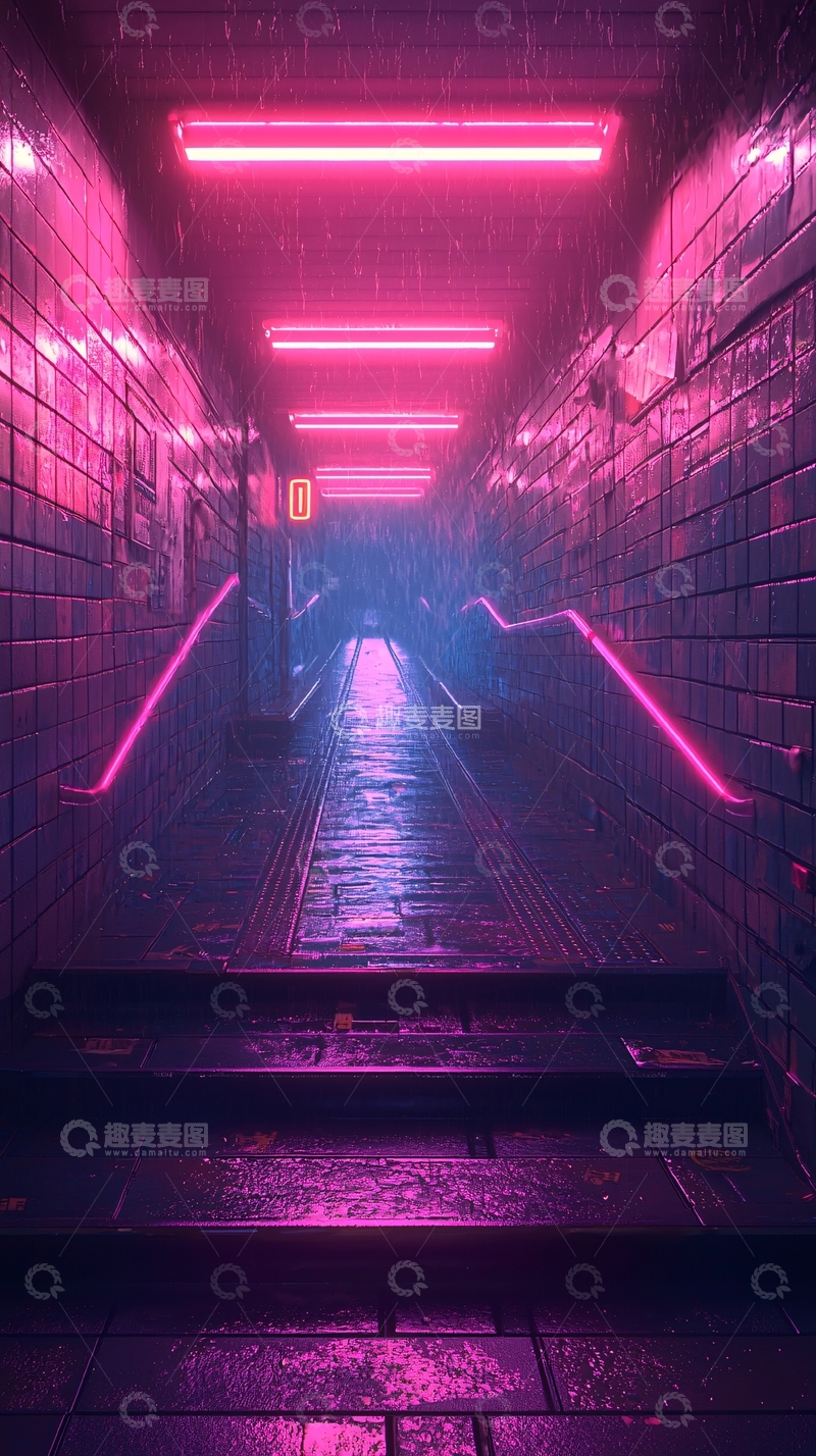 高清大图下载【趣麦麦图】霓虹雨夜楼梯走廊